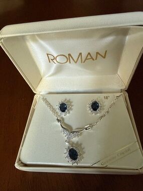 Roma Silver-Tone Necklace and Earrings with Dark Blue Stones